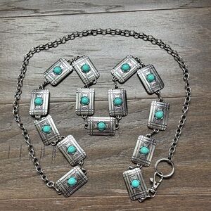 American Bison chain belt,silvertone rectangles with faux turquoise stones